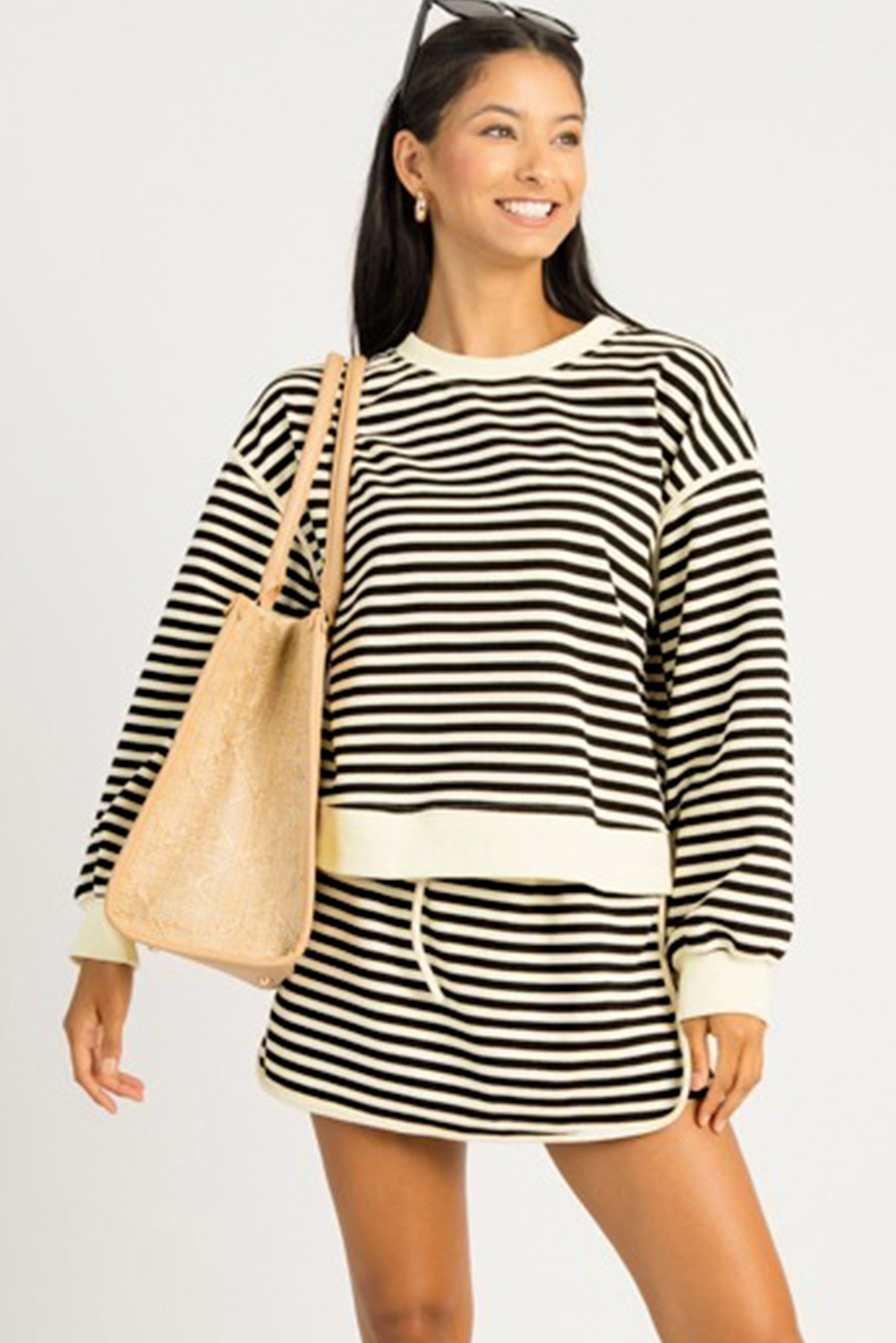 Women's Black Stripe Pullover Top & High-Waist Mini Skirt Set - Detail View 7 Women's Black Stripe Pullover Top & High-Waist Mini Skirt Set - Detail View 7