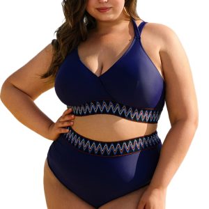 Plus Size Navy Blue Embroidered Trim Wrap Tie Knot High Waisted Bikini - Main View