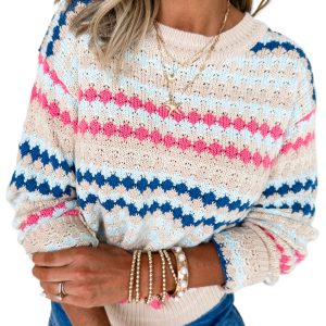 Women's Khaki Stripe Eyelet Patterned Drop Shoulder Long Sleeve Sweater - Main View