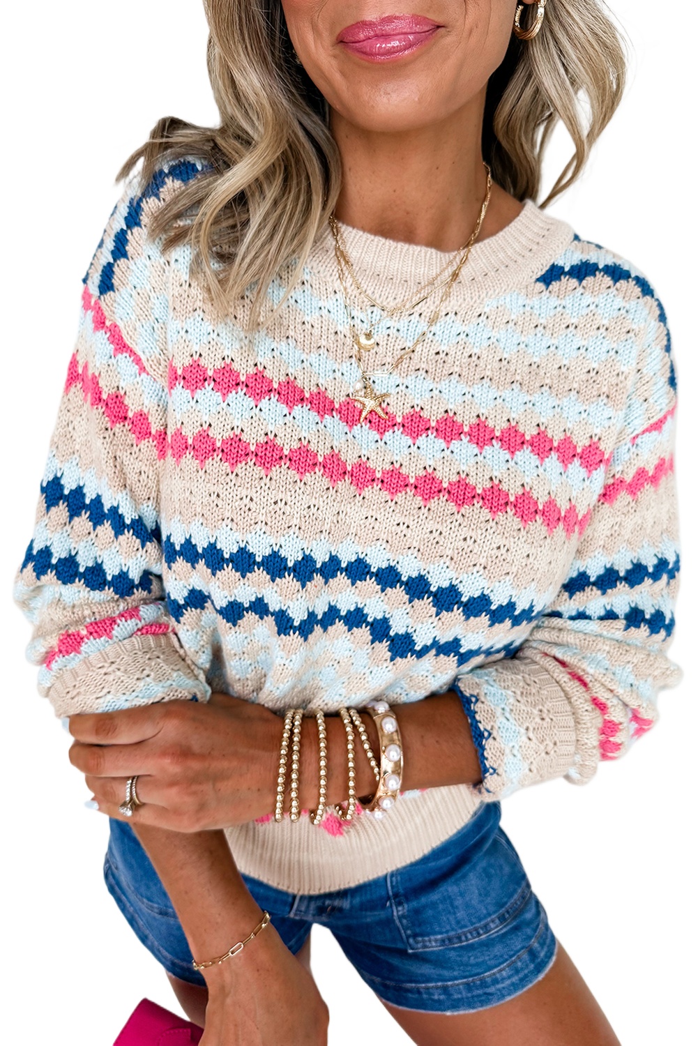Women's Khaki Stripe Eyelet Patterned Drop Shoulder Long Sleeve Sweater - Main View Women's Khaki Stripe Eyelet Patterned Drop Shoulder Long Sleeve Sweater - Main View