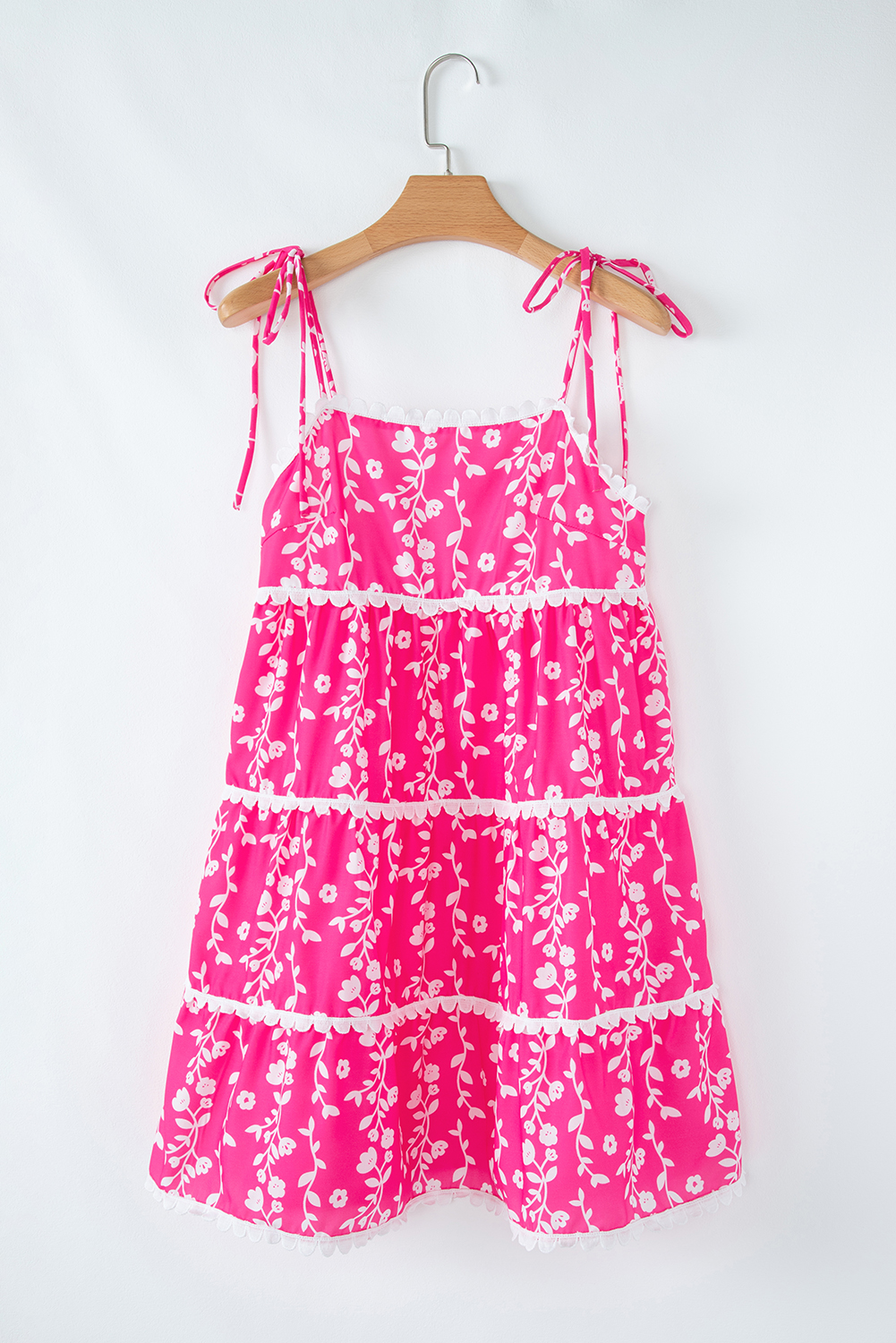 Women's Dress, Pink Floral Print, Sleeveless Mini Dress, Bohemian Style, Ric Rac Detail, Tie Shoulder, Summer Fashion, Vacation Wear, A-Line Silhouette, Youthful Charm, Flirty Dress, Daily Wear, Floral Dresses - Detail View 12 Women's Dress, Pink Floral Print, Sleeveless Mini Dress, Bohemian Style, Ric Rac Detail, Tie Shoulder, Summer Fashion, Vacation Wear, A-Line Silhouette, Youthful Charm, Flirty Dress, Daily Wear, Floral Dresses - Detail View 12