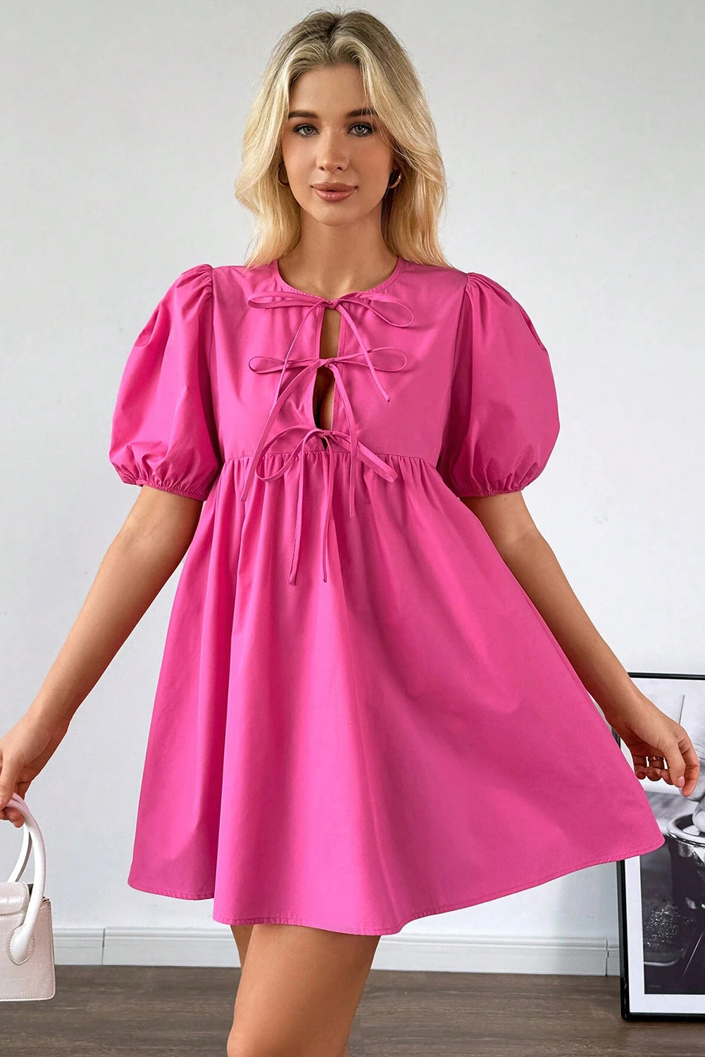 Women's Mini Dress, Bright Pink, Puff Sleeve, High Waist, Tie Front, Cute Style, Solid Color, Summer Fashion, Daily Wear, Romantic Look, A-Line Silhouette, Trendy Dress, Casual Chic, Stylish Outfit - Detail View 4 Women's Mini Dress, Bright Pink, Puff Sleeve, High Waist, Tie Front, Cute Style, Solid Color, Summer Fashion, Daily Wear, Romantic Look, A-Line Silhouette, Trendy Dress, Casual Chic, Stylish Outfit - Detail View 4
