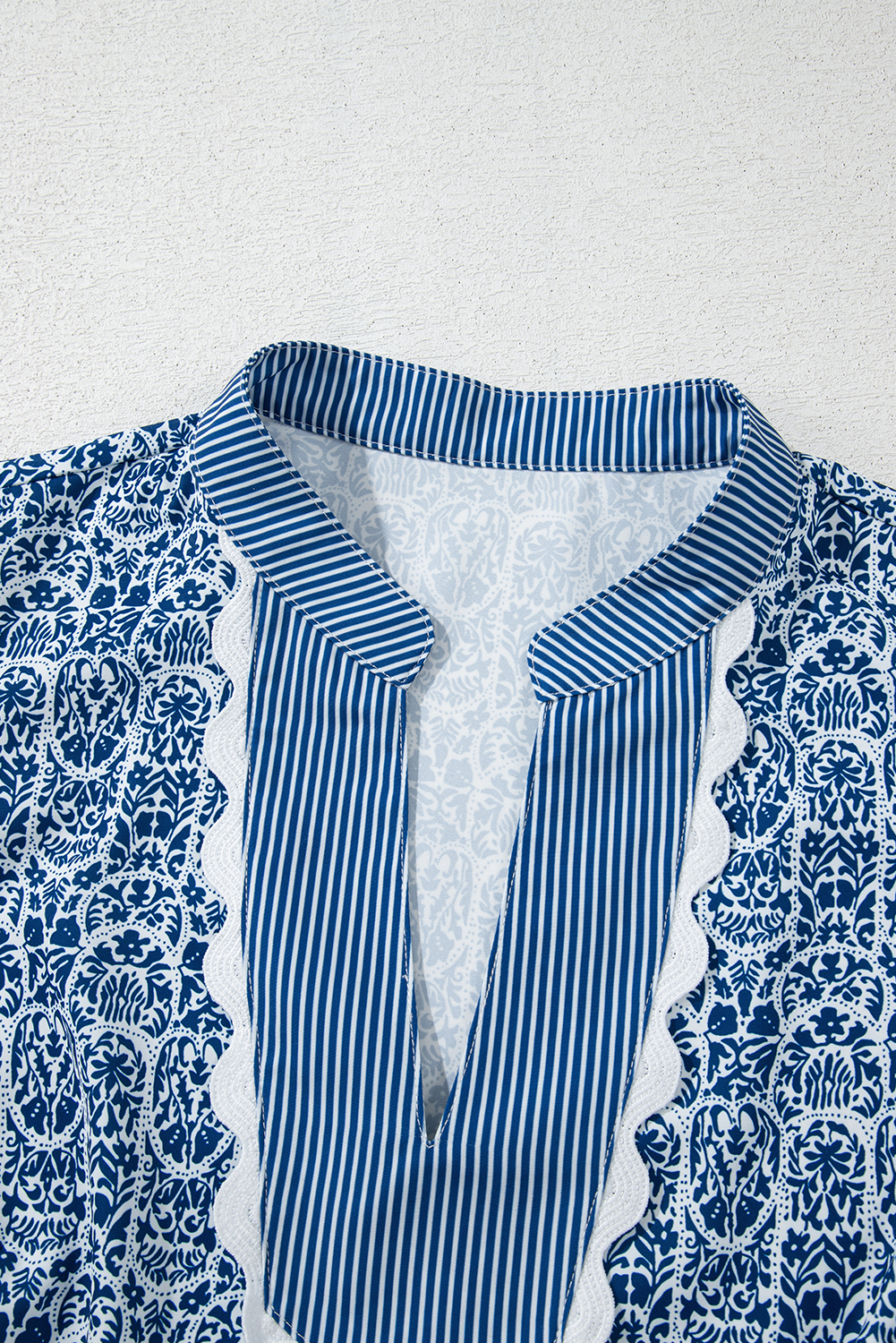 Women's Blue Floral Striped Print Top with Contrast Ric-Rac Puff Sleeves - Detail View 9 Women's Blue Floral Striped Print Top with Contrast Ric-Rac Puff Sleeves - Detail View 9