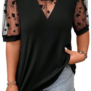 Chic Black Floral Mesh Patchwork Plus Size V Neck T-Shirt for Curvy Women - Main View