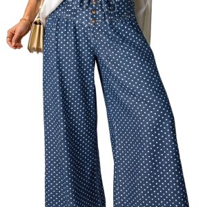 Women's Sky Blue Polka Dot Wide Leg Jeans – High Waist Denim Pants with Drawstring Detail - Main View
