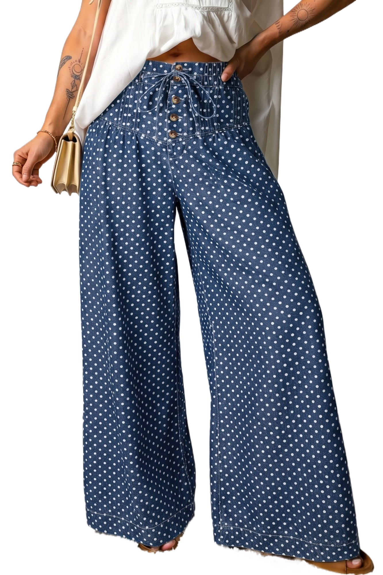 Women's Sky Blue Polka Dot Wide Leg Jeans – High Waist Denim Pants with Drawstring Detail - Main View Women's Sky Blue Polka Dot Wide Leg Jeans – High Waist Denim Pants with Drawstring Detail - Main View
