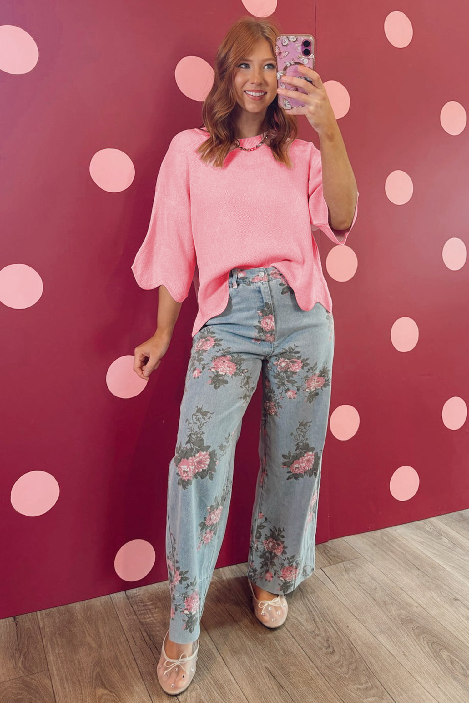 Casual Pink Summer Knit Sweater – Women's Half Sleeve Top with Scalloped Hem, Lightweight Shift Silhouette - Detail View 2 Casual Pink Summer Knit Sweater – Women's Half Sleeve Top with Scalloped Hem, Lightweight Shift Silhouette - Detail View 2