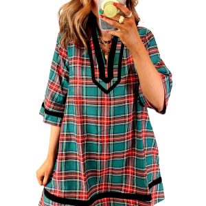 Women's Green Plaid Shift Dress, Casual Half Sleeve Holiday - Main View