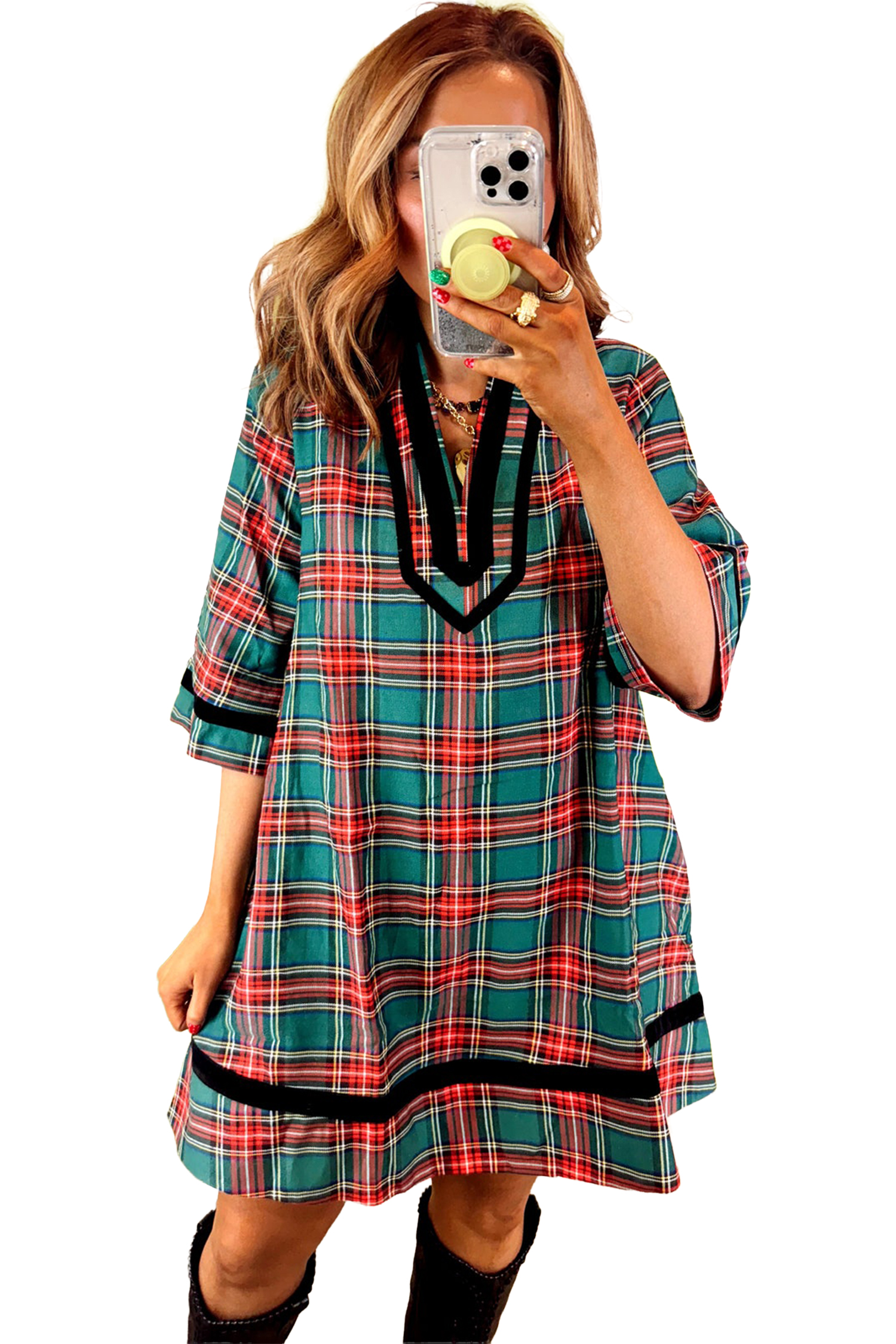 Women's Green Plaid Shift Dress, Casual Half Sleeve Holiday - Main View Women's Green Plaid Shift Dress, Casual Half Sleeve Holiday - Main View
