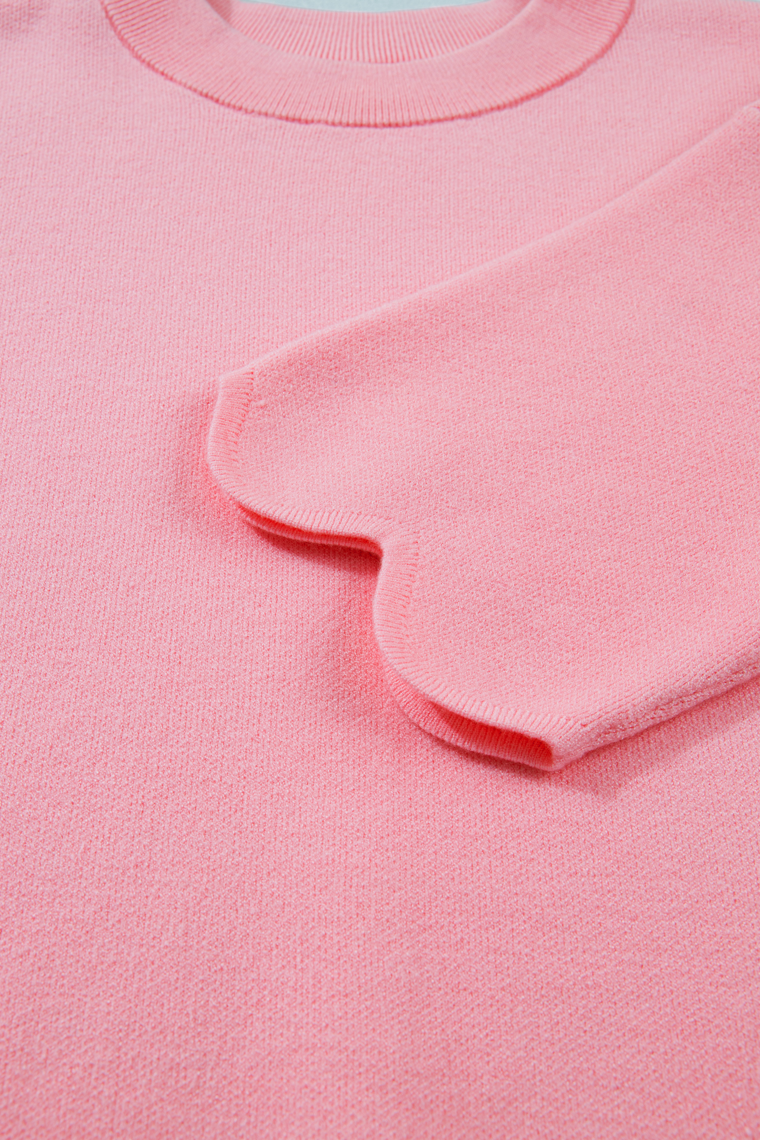 Women's Pink Scalloped Hem Sweater Top – Half Sleeve Round Neck Summer Knit for Casual Daily Wear - Detail View 13 Women's Pink Scalloped Hem Sweater Top – Half Sleeve Round Neck Summer Knit for Casual Daily Wear - Detail View 13