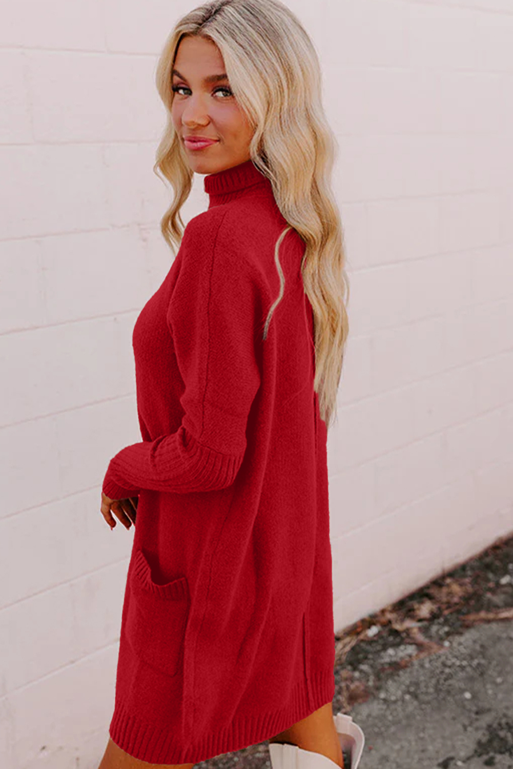 Versatile Women's Mini Fiery Red Ribbed Dress with Front Pockets – Everyday Comfort - Detail View 9 Versatile Women's Mini Fiery Red Ribbed Dress with Front Pockets – Everyday Comfort - Detail View 9