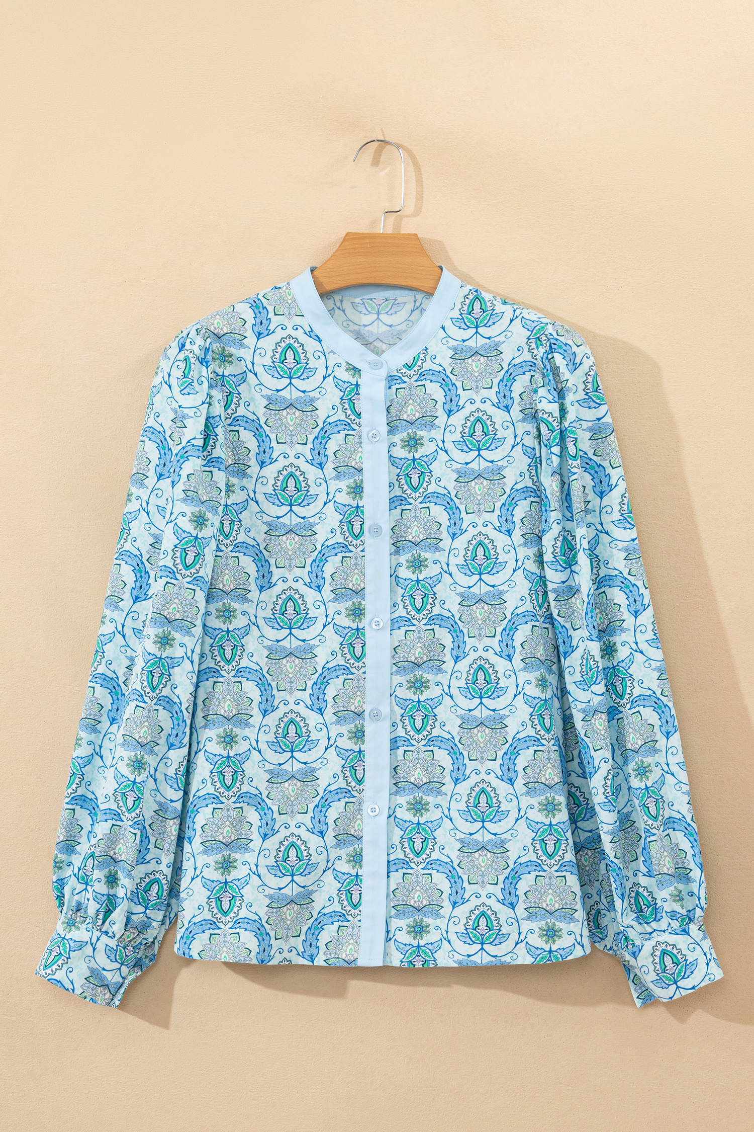 Bohemian Women's Loose Shirt with Sky Blue Paisley Print – Ideal for Spring Vacations - Detail View 2 Bohemian Women's Loose Shirt with Sky Blue Paisley Print – Ideal for Spring Vacations - Detail View 2