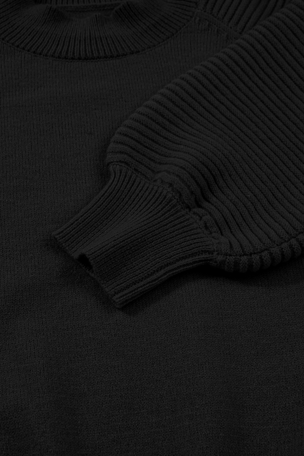 Chic Black High Neck Sweater with Puff Sleeves & Pleated Mini Skirt – Stylish Daily Wear for Women - Detail View 8 Chic Black High Neck Sweater with Puff Sleeves & Pleated Mini Skirt – Stylish Daily Wear for Women - Detail View 8