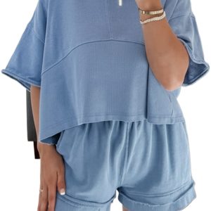 Women's Sky Blue Patchwork Short Set – Casual Summer Outfit for Daily Wear - Main View