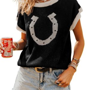 Women's Black Horse Shoe Print Short Sleeve Sweater – Western Daily Wear - Main View