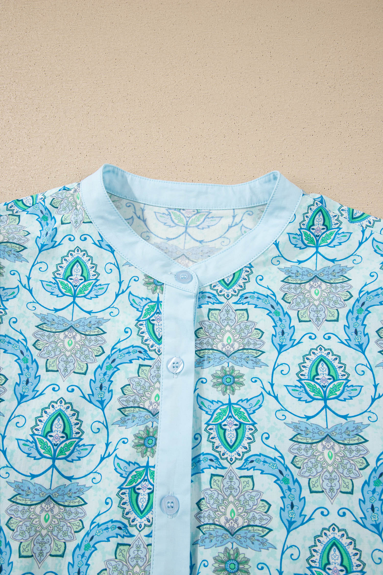 Women's Sky Blue Paisley Print Puff Sleeve Shirt – Casual Bohemian Style for Spring & Vacation - Detail View 7 Women's Sky Blue Paisley Print Puff Sleeve Shirt – Casual Bohemian Style for Spring & Vacation - Detail View 7