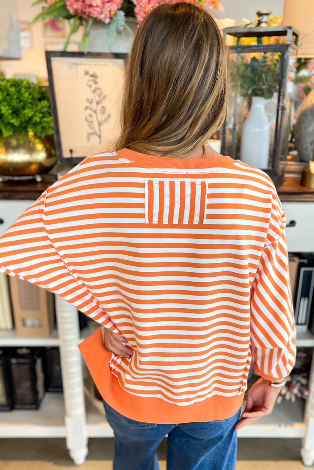 Stylish and Comfortable Orange Striped Round Neck Pullover for Daily Wear - Detail View 2 Stylish and Comfortable Orange Striped Round Neck Pullover for Daily Wear - Detail View 2