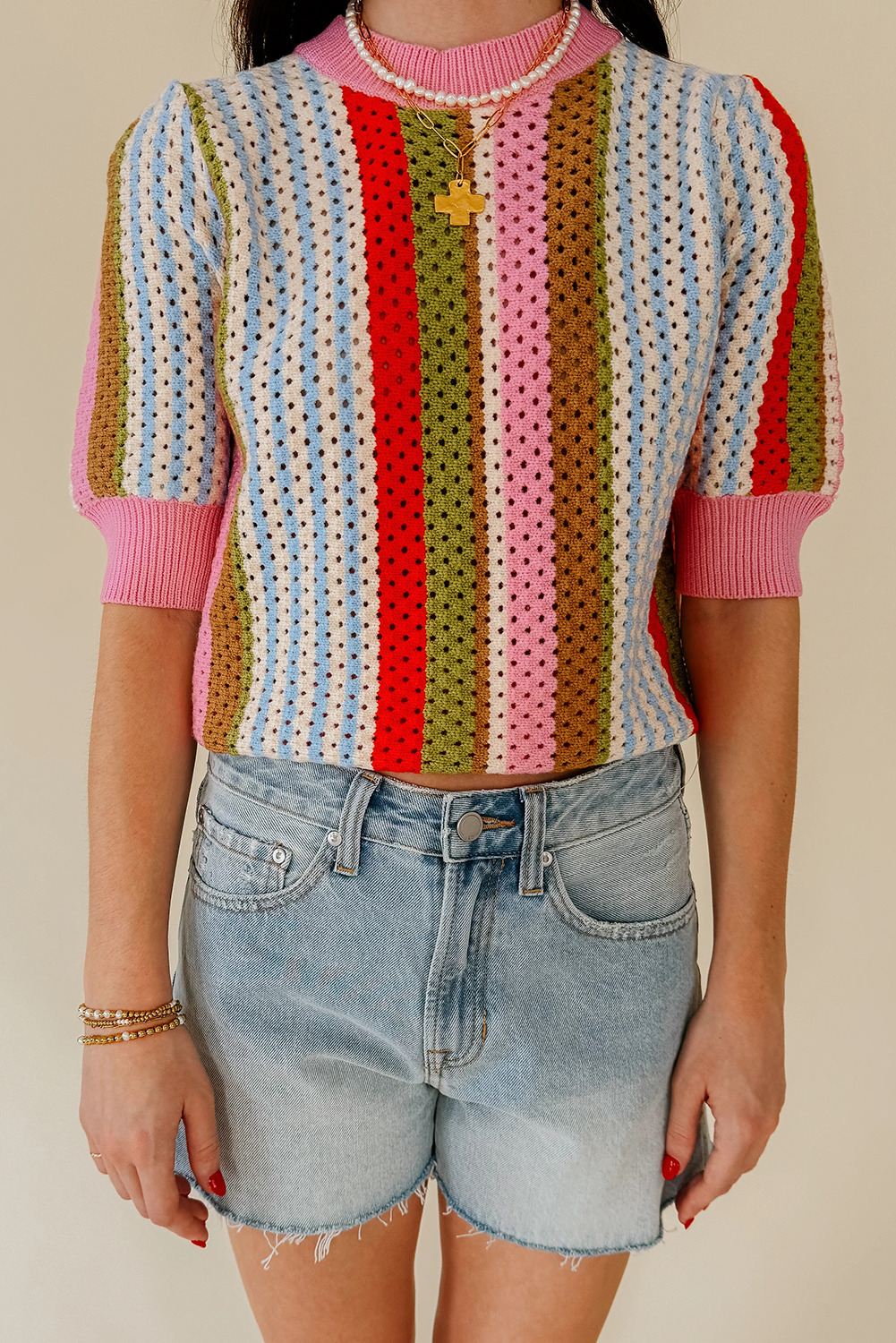 Casual Multicolour Pointelle Striped Sweater for Women – Spring Style - Detail View 5 Casual Multicolour Pointelle Striped Sweater for Women – Spring Style - Detail View 5