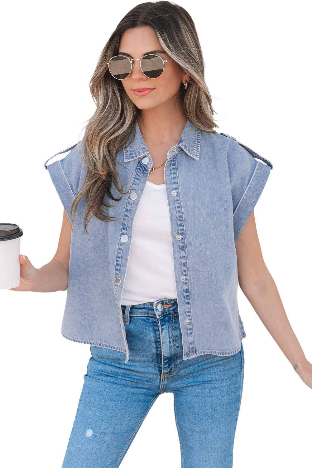 Casual Dusk Blue Denim Shirt with Button Detail and Folded Cap Sleeves - Detail View 22 Casual Dusk Blue Denim Shirt with Button Detail and Folded Cap Sleeves - Detail View 22