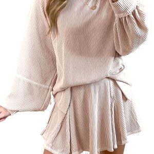 Women's Jet Stream Corded Lantern Sleeve Top & High Waist Ruffled Mini Skirt Set - Main View