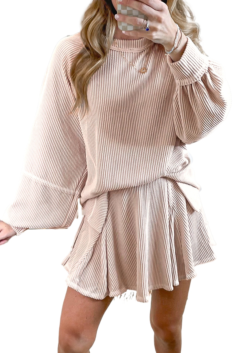 Women's Jet Stream Corded Lantern Sleeve Top & High Waist Ruffled Mini Skirt Set - Main View Women's Jet Stream Corded Lantern Sleeve Top & High Waist Ruffled Mini Skirt Set - Main View