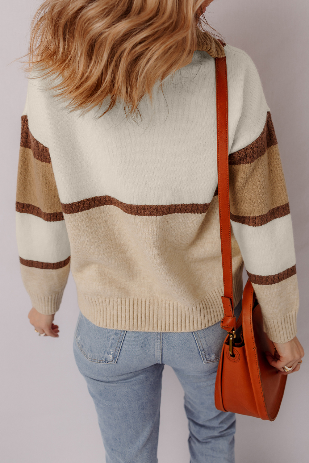 Fall Casual Women's Zipped Patchwork Sweater in Parchment – Versatile Layering - Detail View 2 Fall Casual Women's Zipped Patchwork Sweater in Parchment – Versatile Layering - Detail View 2