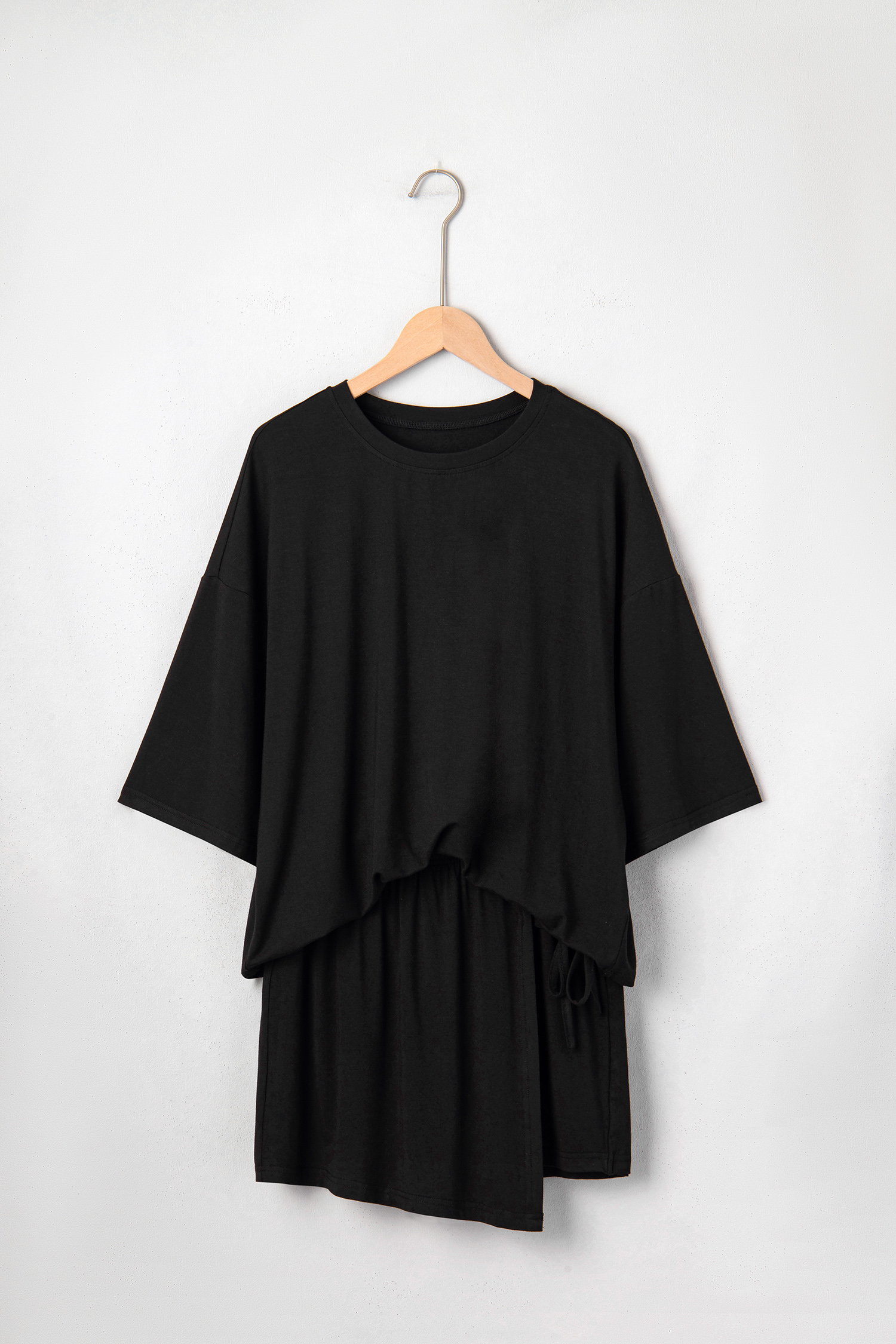 Women's Soft Viscose Loungewear Set – Oversized Tee and Tie Detail Skort, Casual 2-Piece Black Outfit - Detail View 3 Women's Soft Viscose Loungewear Set – Oversized Tee and Tie Detail Skort, Casual 2-Piece Black Outfit - Detail View 3