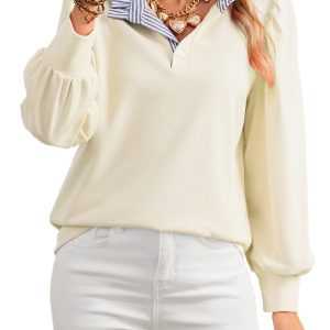 Women's White Button Striped Collar Patchwork Puff Sleeve Sweatshirt - Main View