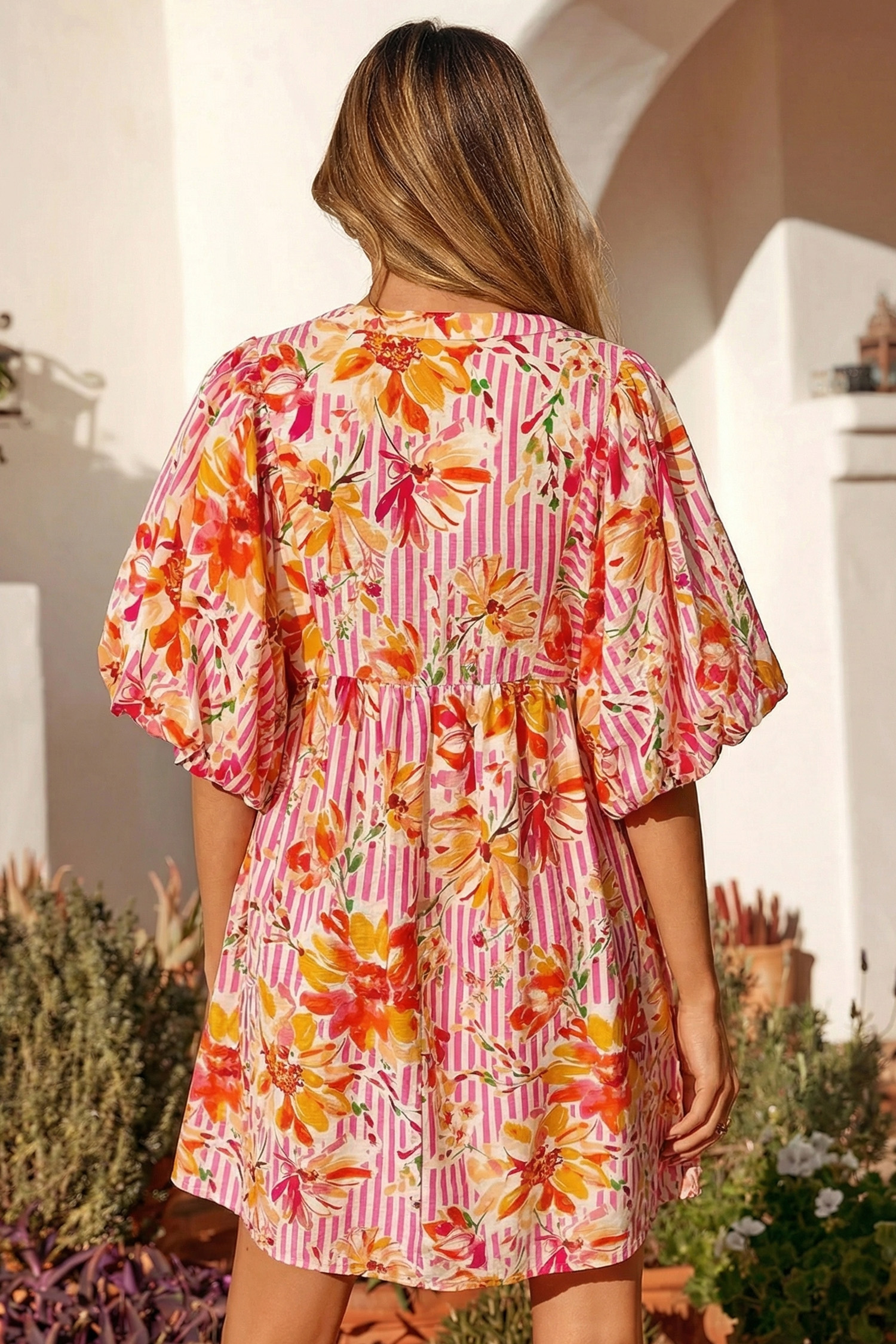 Pink Striped Floral Shift Dress for Women – 100% Cotton Puff Sleeve Mini, Daily & Easter Wear - Detail View 2 Pink Striped Floral Shift Dress for Women – 100% Cotton Puff Sleeve Mini, Daily & Easter Wear - Detail View 2