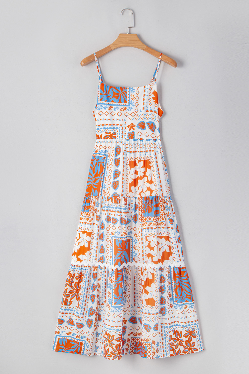 Women's Maxi Dress, Orange Dress, Multi Printed, Ricrac Trim, Spaghetti Straps, Beach Wear, Vacation Dress, Floral Pattern, Bohemian Style, Sleeveless, Elegant Silhouette, Fit and Flare, Summer Fashion, A-Line Dress - Detail View 8 Women's Maxi Dress, Orange Dress, Multi Printed, Ricrac Trim, Spaghetti Straps, Beach Wear, Vacation Dress, Floral Pattern, Bohemian Style, Sleeveless, Elegant Silhouette, Fit and Flare, Summer Fashion, A-Line Dress - Detail View 8