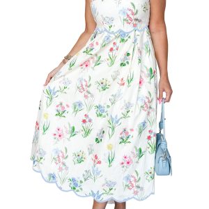 Women's Floral Print Midi Dress – Self-tie Straps High Waist A-Line Summer Vacation Dress - Main View
