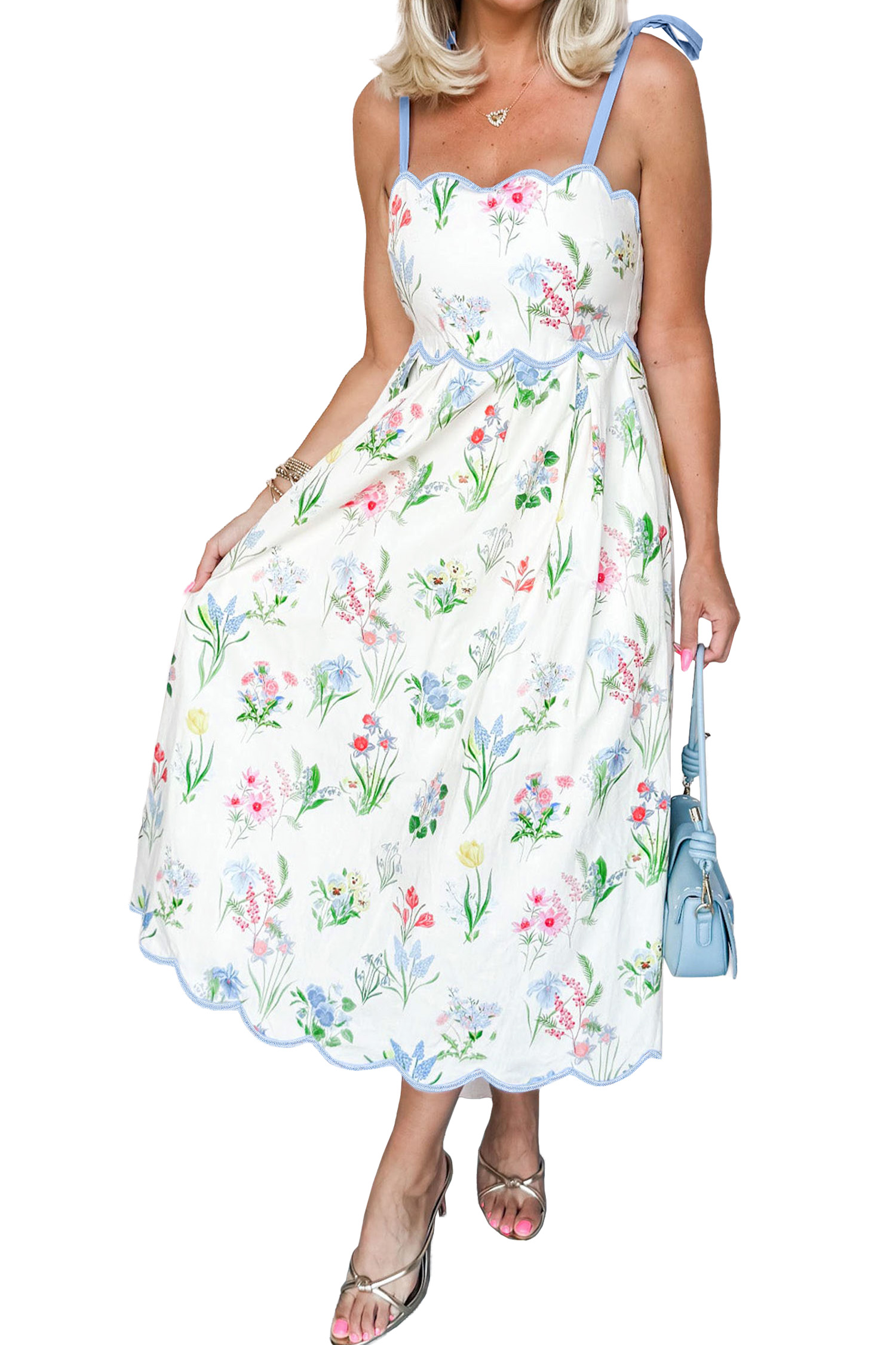 Women's Floral Print Midi Dress – Self-tie Straps High Waist A-Line Summer Vacation Dress - Main View Women's Floral Print Midi Dress – Self-tie Straps High Waist A-Line Summer Vacation Dress - Main View