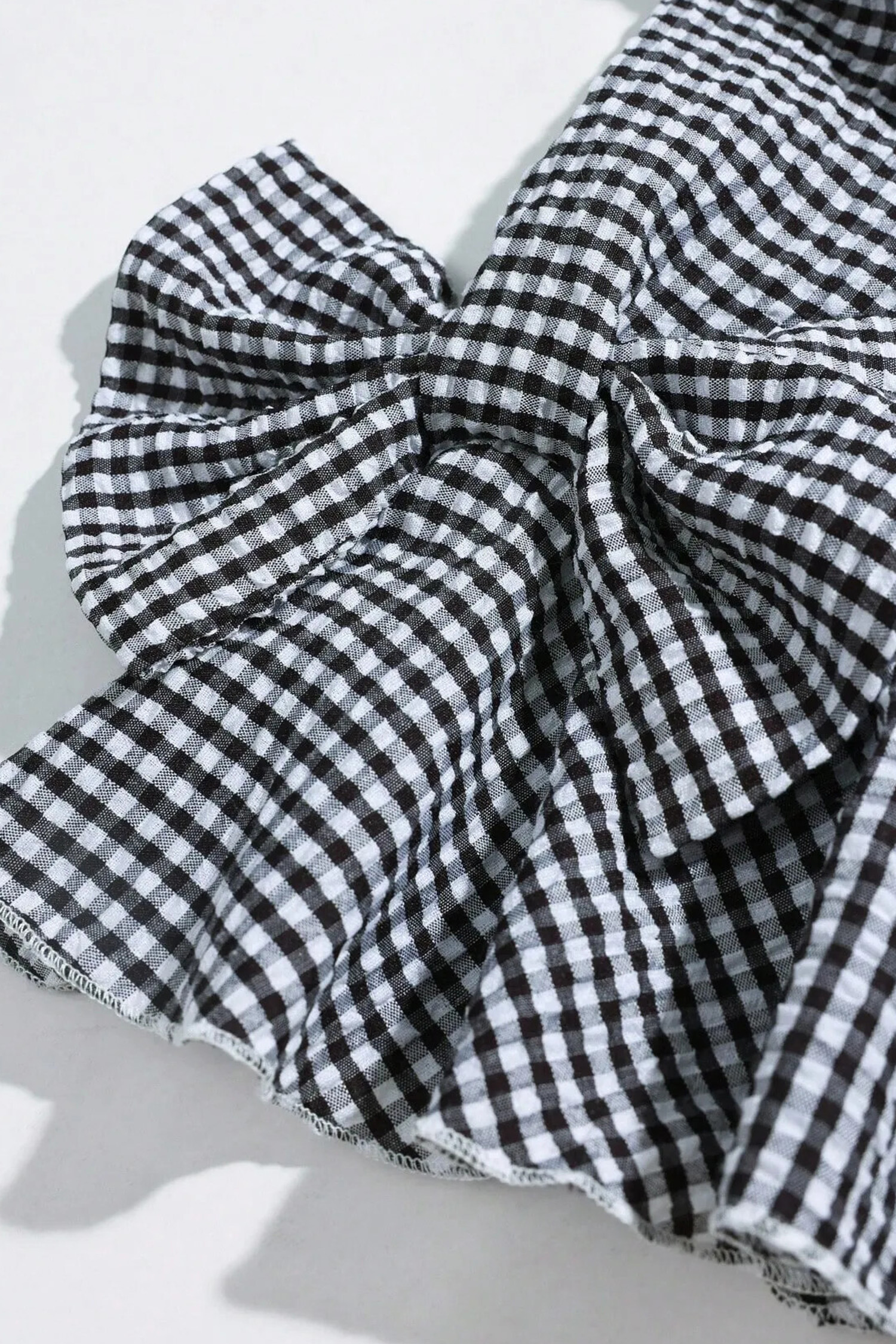 Women's Black Plaid Ruffled Blouse – Casual Half Sleeve Round Neck Top, Stylish Gift for Her - Detail View 12 Women's Black Plaid Ruffled Blouse – Casual Half Sleeve Round Neck Top, Stylish Gift for Her - Detail View 12