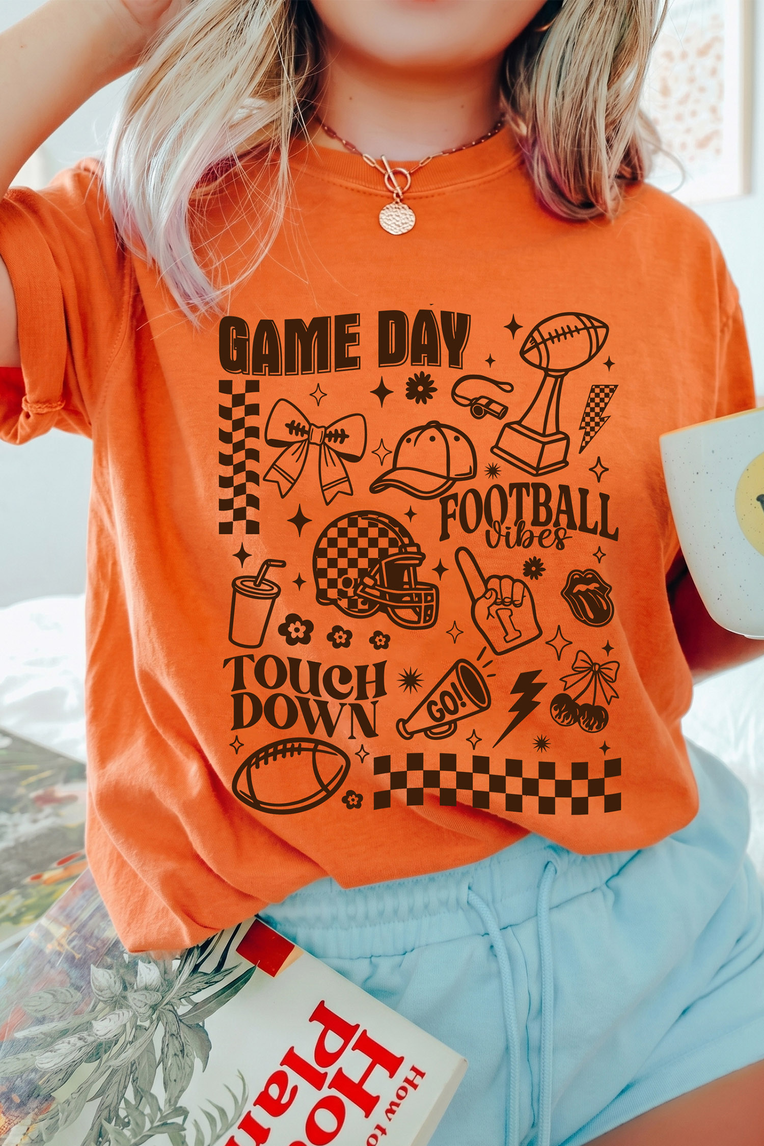 Women's Orange Football Graphic Tee, Casual Game Day Top - Detail View 7 Women's Orange Football Graphic Tee, Casual Game Day Top - Detail View 7