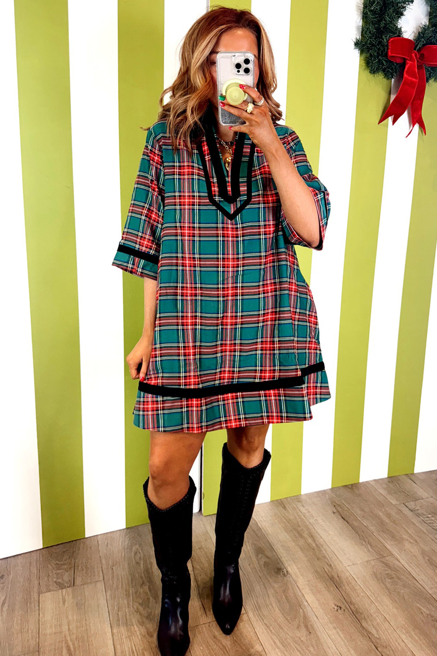 Short Plaid Velvet Trim Dress, Women's Casual Half Sleeve - Detail View 6 Short Plaid Velvet Trim Dress, Women's Casual Half Sleeve - Detail View 6