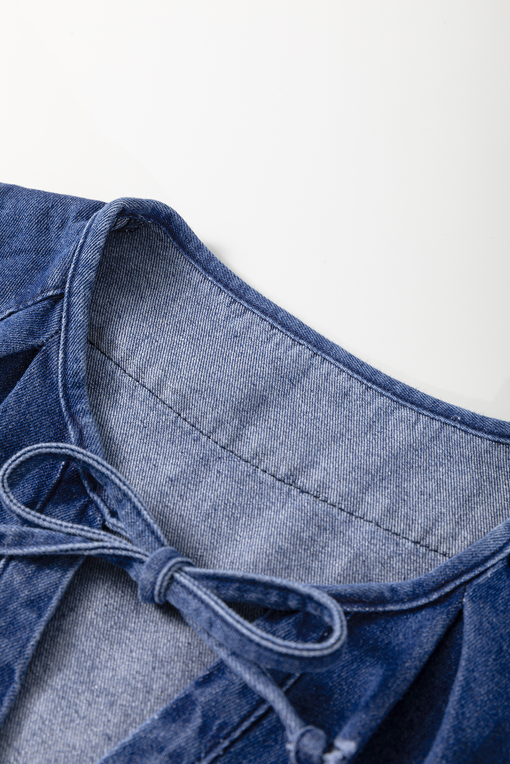 Women's Blue Denim Puff Sleeve Drawstring High Waist Mini Dress - Casual & Stylish - Detail View 13 Women's Blue Denim Puff Sleeve Drawstring High Waist Mini Dress - Casual & Stylish - Detail View 13