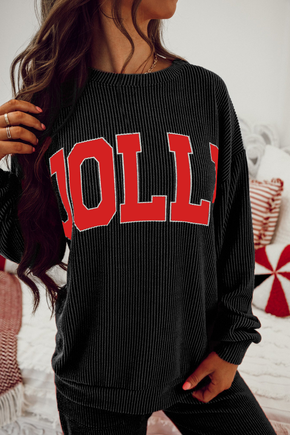 Women's Black Corded Long Sleeve Top and Pockets Pants Set – Casual Daily Wear with Letter Print - Detail View 7 Women's Black Corded Long Sleeve Top and Pockets Pants Set – Casual Daily Wear with Letter Print - Detail View 7