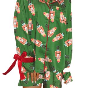 Women's Green Christmas Candy Print Silky Pajama Set with Bow Knot Trim – Casual Home Lounge Wear for Daily Relaxation - Main View