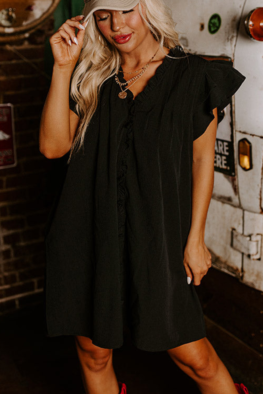 Women's Dress, Black Shift Dress, Frilled V Neck, Pleated Details, Ruffle Accent, Casual Style, Short Sleeve, Summer Dress, Elegant Fashion, Versatile Wear, Daily Occasions, Solid Pattern, H-Line Silhouette - Detail View 4 Women's Dress, Black Shift Dress, Frilled V Neck, Pleated Details, Ruffle Accent, Casual Style, Short Sleeve, Summer Dress, Elegant Fashion, Versatile Wear, Daily Occasions, Solid Pattern, H-Line Silhouette - Detail View 4