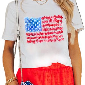 Women's White Flag Graphic Crew Neck Tee - Patriotic USA T-Shirt with Floral Details - Main View