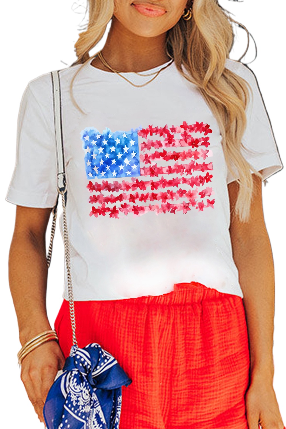 Women's White Flag Graphic Crew Neck Tee - Patriotic USA T-Shirt with Floral Details - Main View Women's White Flag Graphic Crew Neck Tee - Patriotic USA T-Shirt with Floral Details - Main View