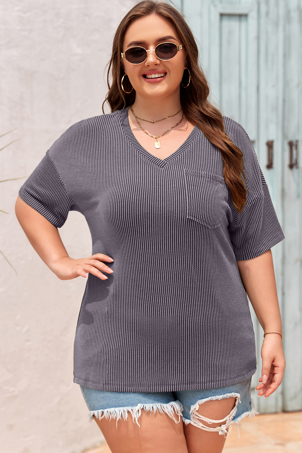 Casual Women's Light Grey Plus T-Shirt – Textured V-Neck with Pocket, Ideal for Warm Summer Days - Detail View 9 Casual Women's Light Grey Plus T-Shirt – Textured V-Neck with Pocket, Ideal for Warm Summer Days - Detail View 9