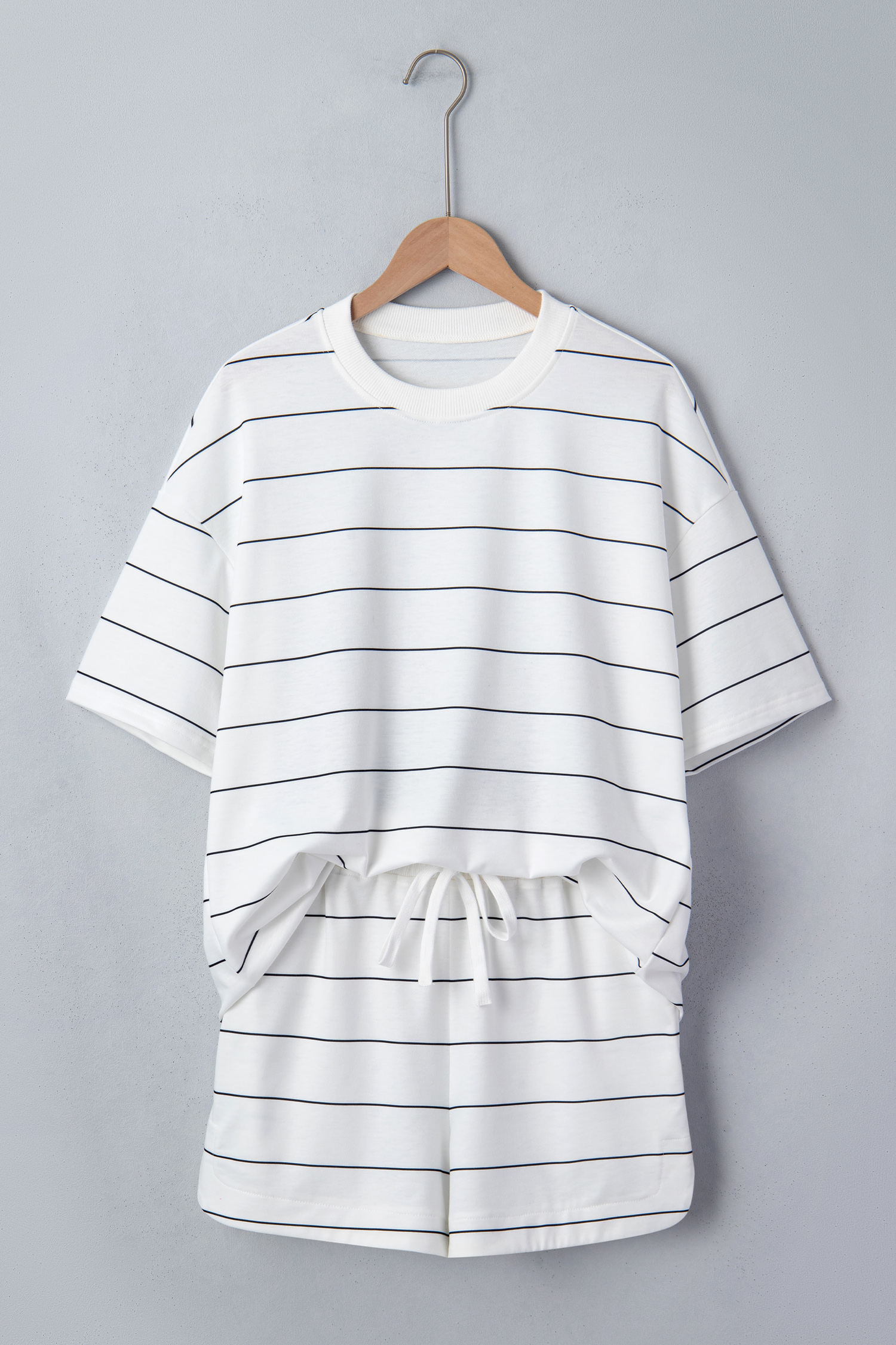 Women's Matching Striped Lounge Set – Comfortable Round Neck Tee and Split Hem Shorts for Daily Wear - Detail View 3 Women's Matching Striped Lounge Set – Comfortable Round Neck Tee and Split Hem Shorts for Daily Wear - Detail View 3