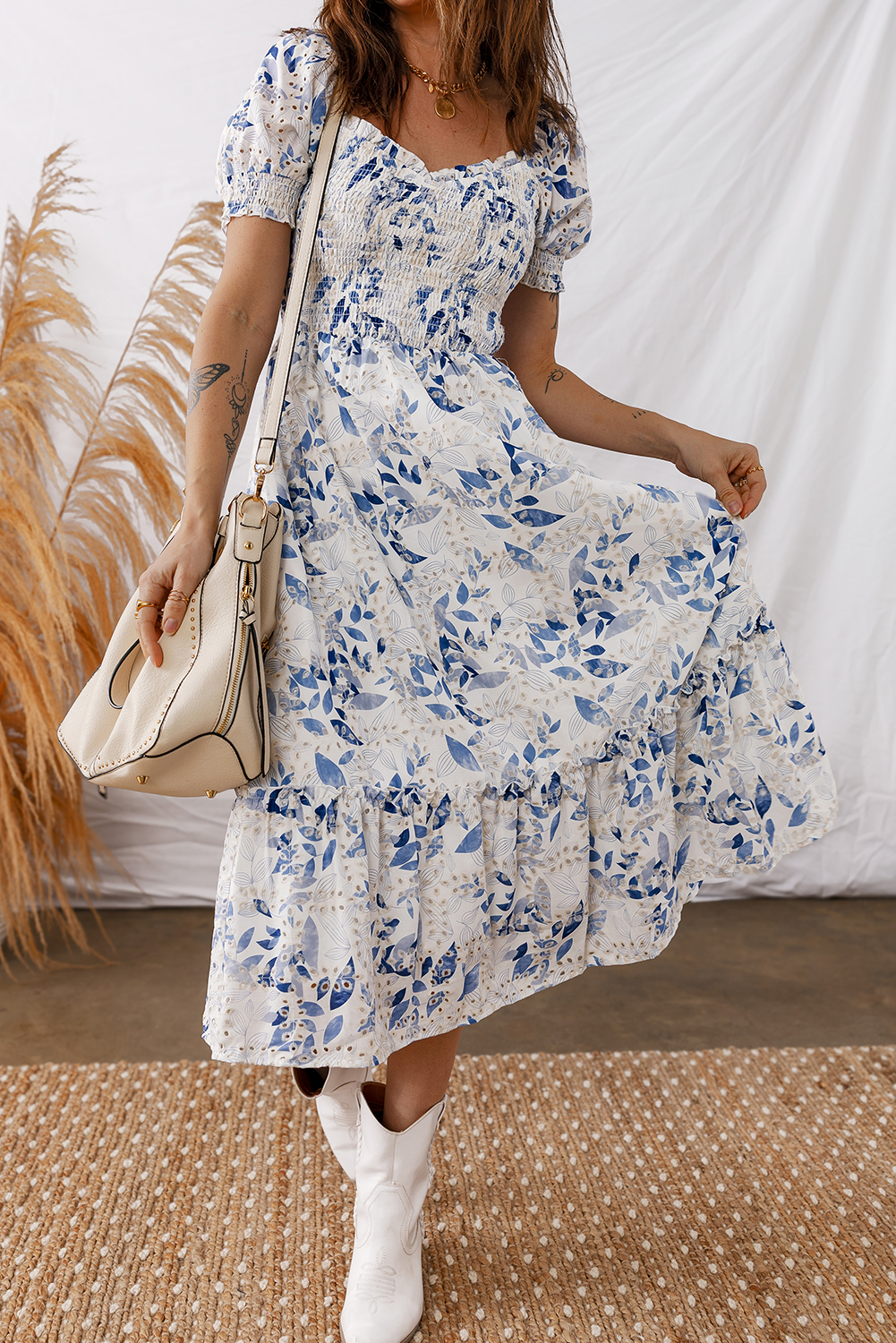 Floral Tiered Midi Dress in Sky Blue – Short Puff Sleeves, Ideal for Women’s Summer Outfits - Detail View 12 Floral Tiered Midi Dress in Sky Blue – Short Puff Sleeves, Ideal for Women’s Summer Outfits - Detail View 12