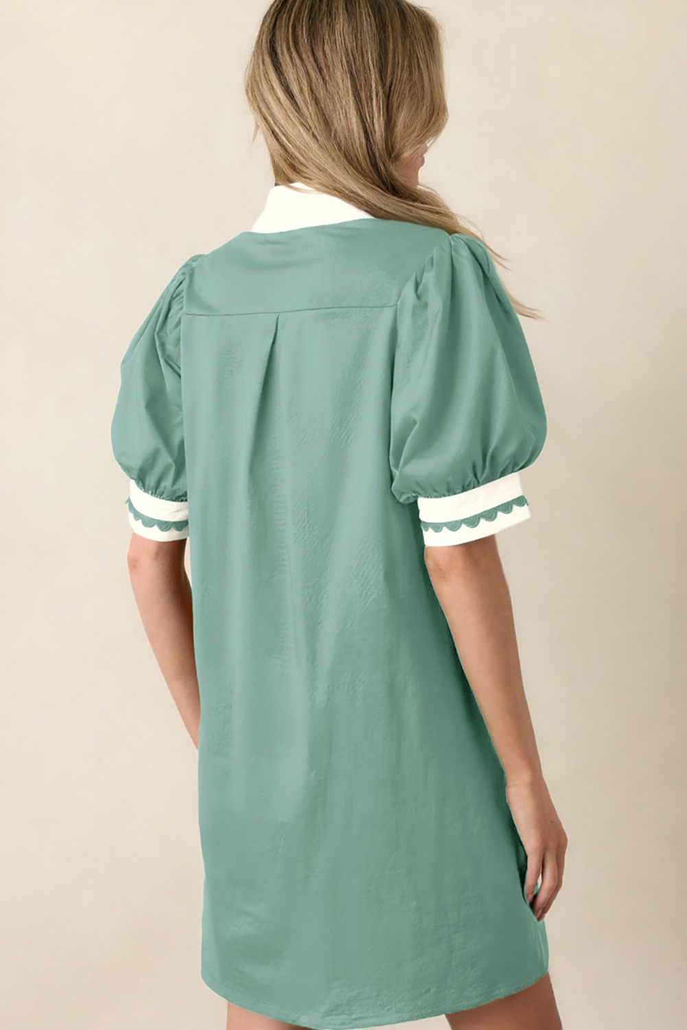 Southern Belle Women's V Neck Short Dress – Scallop Rick Rack Trim Puff Sleeve Mini Dress for Graduation - Detail View 2 Southern Belle Women's V Neck Short Dress – Scallop Rick Rack Trim Puff Sleeve Mini Dress for Graduation - Detail View 2
