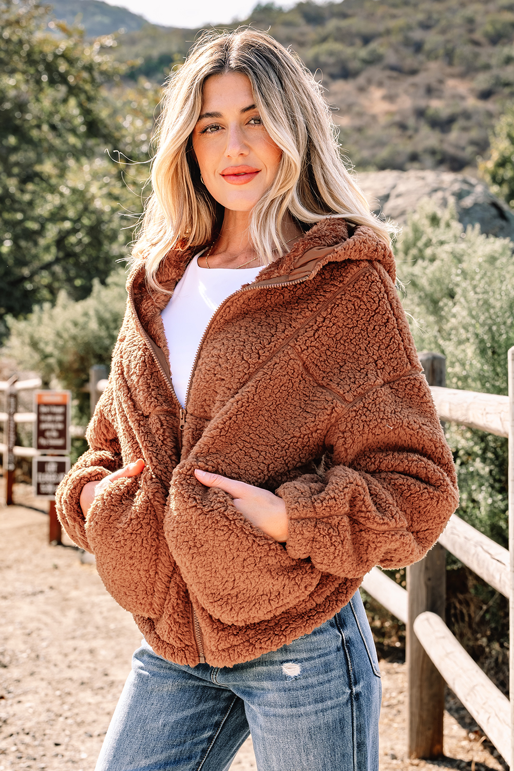 Versatile Straw Yellow Fleece Sherpa Hooded Jacket for Women - Detail View 3 Versatile Straw Yellow Fleece Sherpa Hooded Jacket for Women - Detail View 3