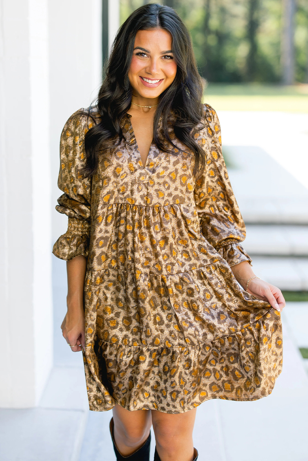 Stylish Khaki Leopard Print V Neck Dress – Ruffled Sleeve Shift Dress for Beach Outings - Detail View 3 Stylish Khaki Leopard Print V Neck Dress – Ruffled Sleeve Shift Dress for Beach Outings - Detail View 3