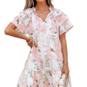 Women's Floral Mini Dress, Casual Ruffle Sleeve Summer Shift - Main View