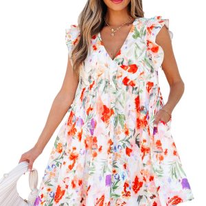 Women's Pink Floral Double Ruffle Sleeve V Neck High Waist Mini Dress - Perfect for Spring and Summer - Main View
