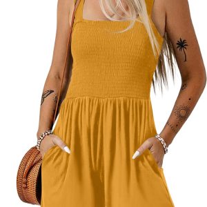 Women's Ginger Smocked Romper – Casual Sleeveless Fit and Flare Playsuit with Pockets - Main View